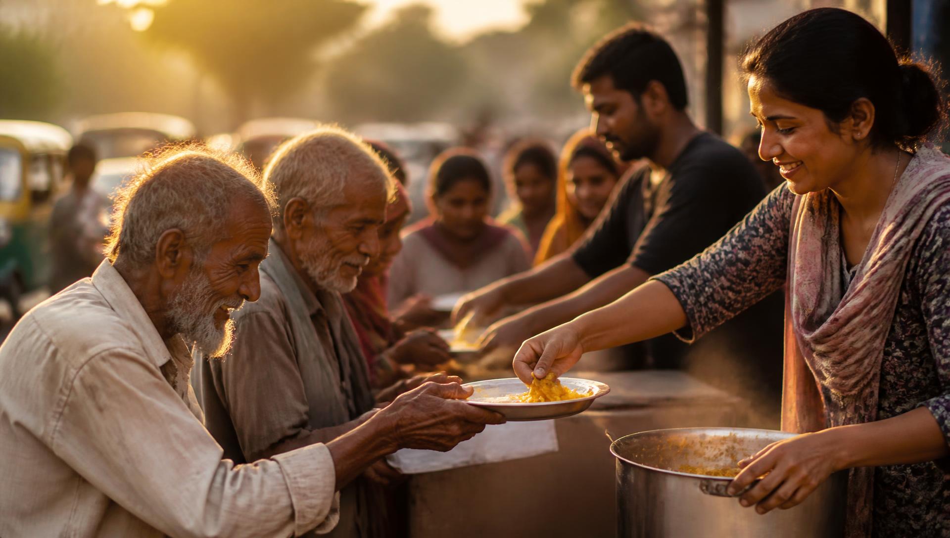 Volunteers serving warm meals to community members at a food distribution drive